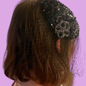 Black Sequin Silver Flower Teardrop Fascinator Hat with Veil and Satin Headband, for weddings, parties, evening, cocktail, special occasions image 3