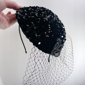 Black Sequin Silver Flower Teardrop Fascinator Hat with Veil and Satin Headband, for weddings, parties, evening, cocktail, special occasions image 4