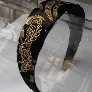 Black and Gold Flower Headband with Metal Leaves, for weddings, parties, evening, cocktail, Holiday, festive, special occasions