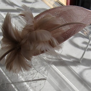 Pale Pink Feather Flower Teardrop Sinamay Fascinator Hat with Veil and Satin Headband, for weddings, parties, cocktail, special occasions