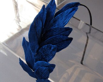 Royal Blue Velvet Leaves Black Satin Headband, for weddings, parties, bridesmaid, special occasions