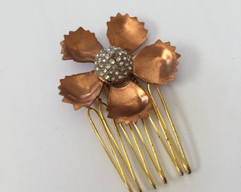 Copper Metal Crystal Spike Flower Hair Comb, for parties, fashion, fun, special occasions