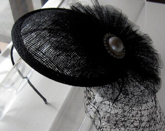 Black Tulle Pearl Flower Sinamay Fascinator Hat with Veil and Satin Headband, for weddings, parties, evening, cocktail, special occasions