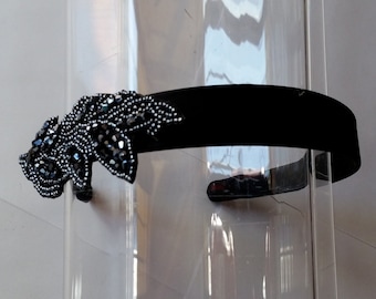 Navy Blue Crystal Beaded Leaf Black Satin Headband, for weddings, parties, evening, cocktail, special occasions