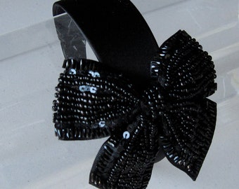 Black Sequin Beaded Ribbon Bow Satin Headband, for weddings, parties, cocktail, evening, special occasions