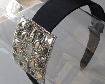 Silver Beaded Studded Applique Black Satin Headband, for weddings, parties, evening, special occasions