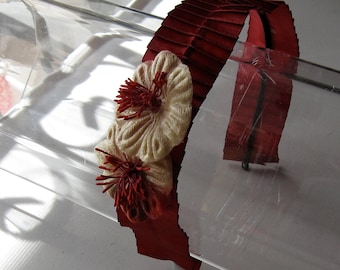 Champagne and Red Velvet Flower Ruffled Satin Headband, for weddings, parties, Holiday, festive, special occasions