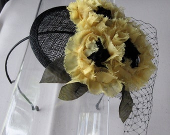 Yellow and Black Chiffon Flower Sinamay Fascinator Hat with Veil and Satin Headband, for weddings, parties, special occasions