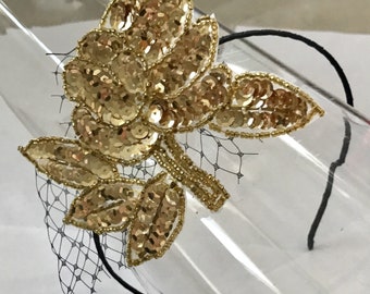 Gold Sequin Flower Applique Black Veiling Satin Headband, for weddings, parties, cocktail, evening, special occasions