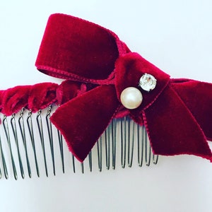 Scarlet Red Velvet Crystal Pearl Bow Comb, for parties, evening, Holidays, special occasions