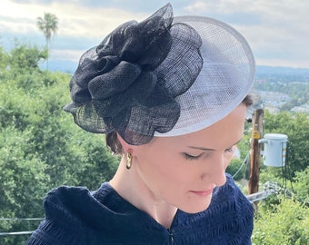 White Oval Scallop Sinamay Fascinator with Large Navy Sinamay Flower and Satin Headband, for weddings, parties, cocktail, special occasions