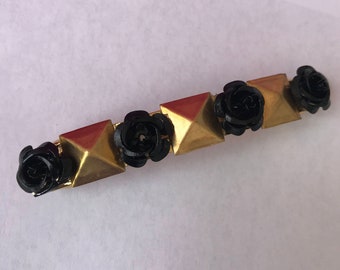 Black Flower Gold Metal Studded French Barrette, for weddings, parties, evening, special occasions