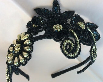 Black and Gold Sequin Flower Applique Headband, for weddings, parties, evening, cocktail, special occasions