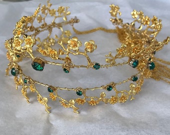 18kt Gold Plated Flower Emerald Crystal Headpiece, for weddings, parties, evening, cocktail, special occasions