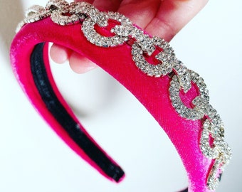 Fuchsia Pink Velvet Padded Headband with Crystal Chain, for weddings, parties, holiday, special occasions