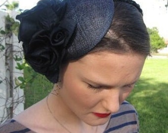 Navy Blue Silk Flower Sinamay Fascinator Hat with Veil and Black Beaded Trim Headband, for weddings, parties, cocktail, special occasions