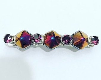 Pink Rainbow Hexagon Purple Swarovski Crystal French Barrette, for weddings, parties, evening, special occasions