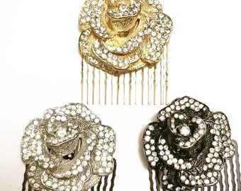 Crystal Plated Flower Hair Comb, for Bridal, weddings, parties, evening, holiday, cocktail, and special occasions