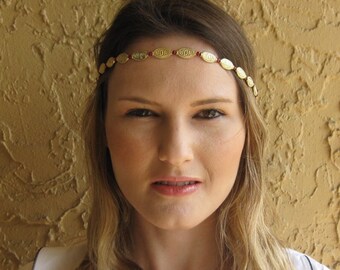 Gold Oval Ruby Red Beaded Elastic Halo Headband, for weddings, parties, Summer, special occasions