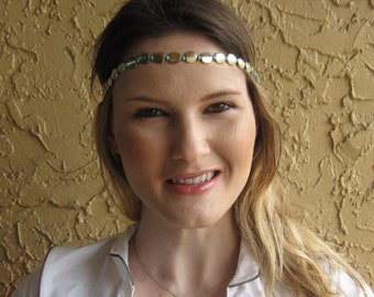 Gold Coin Turquoise Blue Beaded Elastic Halo Headband, for weddings, parties, Summer, special occasions