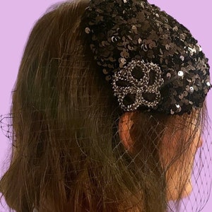 Black Sequin Silver Flower Teardrop Fascinator Hat with Veil and Satin Headband, for weddings, parties, evening, cocktail, special occasions image 1