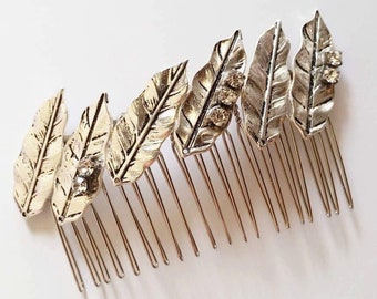 Silver Plated Crystal Leaves Hair Comb, for Bridal, weddings, parties, special occasions