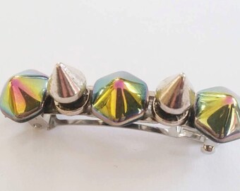 Rainbow Hexagon Silver Metal Spike French Barrette, for parties, fun, fashion, special occasions