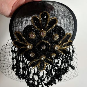 Black and Gold Beaded Flower Sinamay Fascinator Hat with Veil and Satin Headband, for weddings, parties, cocktail, special occasions