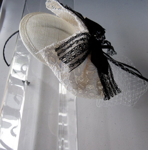 Ivory Fascinator with Black Veil, Bow, & Rim Morana main image 3