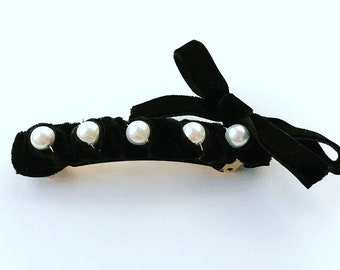 Black Velvet White Pearl Bow Barrette, for weddings, parties, evening, cocktail, holiday, special occasions