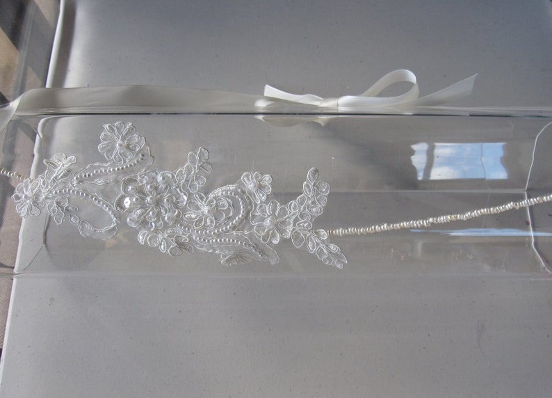 White Beaded Lace Flower Pearl Halo Headband with Ivory Satin Ribbon Tie, for Bridal, weddings, special occasions image 1