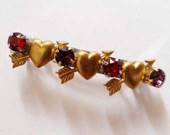 Red and Purple Swarovski Crystal Gold Metal Heart French Barrette, for weddings, parties, evening, valentines day, special occasions