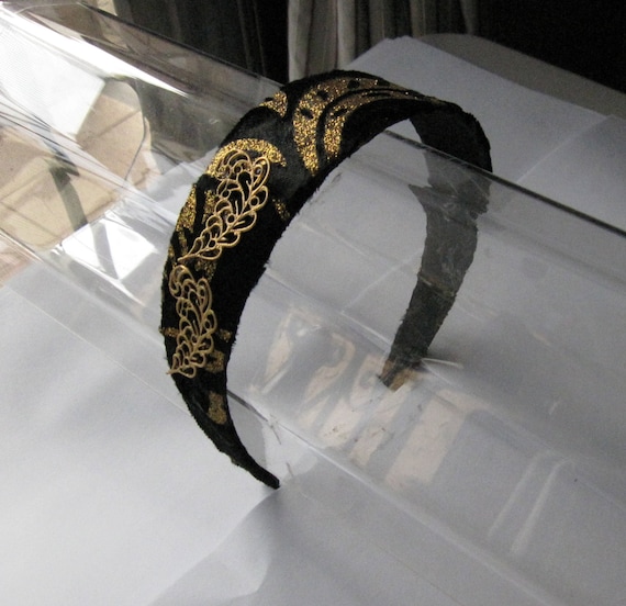 243. Black Velvet Metalic Gold Floral Headband ONLY ONE! Gold Roses on Black Velvet Halo Hairband, Metallic Wedding  main image 3