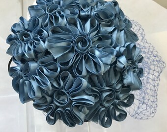 Steel Blue Satin Flower Fascinator Hat with Veil and Satin Headband, for weddings, parties, special occasions