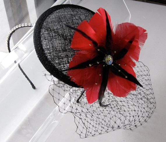 Red and Black Comb Fascinator With Sinamay Rosettes and Black Feathers Feather Fascinator Black & Burgundy Wine Maroon Sinamay  main image 2