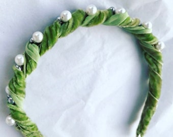 Moss Green Velvet Pearl Silver Studded Headband, for weddings, parties, holiday, special occasions