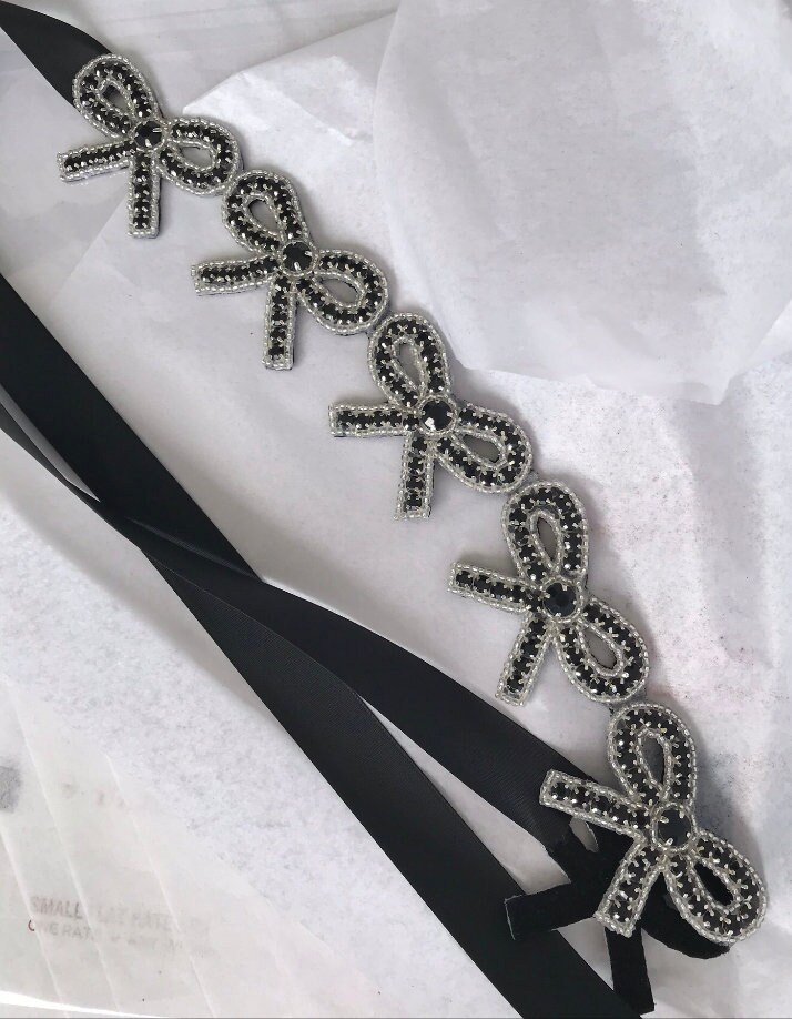 Beautiful Crystal Headpiece With Black Ribbon Tie Black Crystal Bow Trim Headpiece With Black Satin Ribbon  main image 4