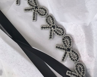 Black Crystal Bow Trim Headpiece with Black Satin Ribbon Ties