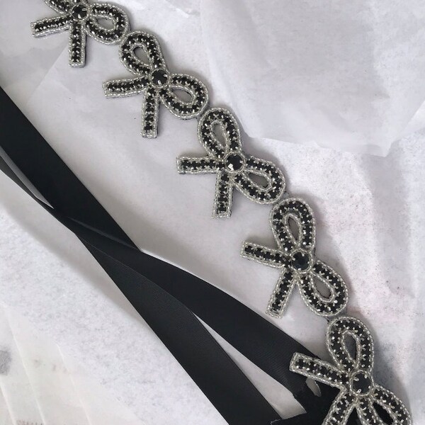Black Crystal Bow Trim Headpiece with Black Satin Ribbon Ties
