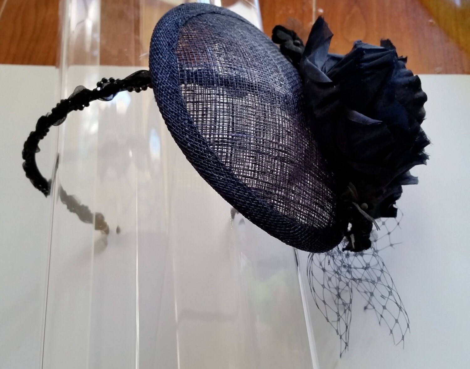 Navy Blue Silk Flower Sinamay Fascinator Hat With Veil and 