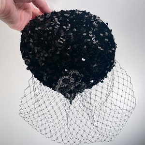 Black Sequin Silver Flower Teardrop Fascinator Hat with Veil and Satin Headband, for weddings, parties, evening, cocktail, special occasions image 5