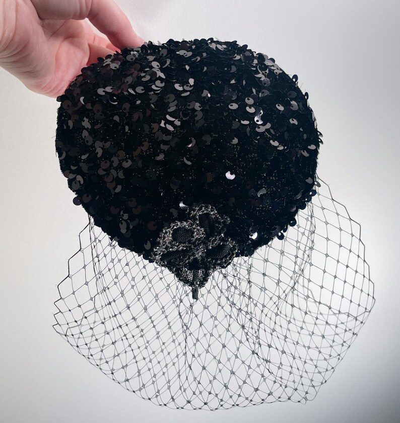 Black Sequin Silver Flower Teardrop Fascinator Hat with Veil and Satin Headband, for weddings, parties, evening, cocktail, special occasions image 5