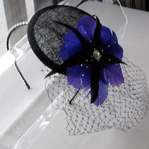 Royal Purple Feather Flower Black Sinamay Fascinator Hat with Veil and Crystal Headband, for weddings, parties, cocktail, evening