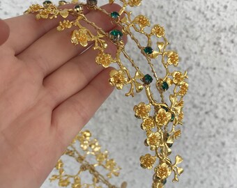 18kt Gold Plated Flower Emerald Crystal Headpiece, for weddings, parties, evening, cocktail, special occasions