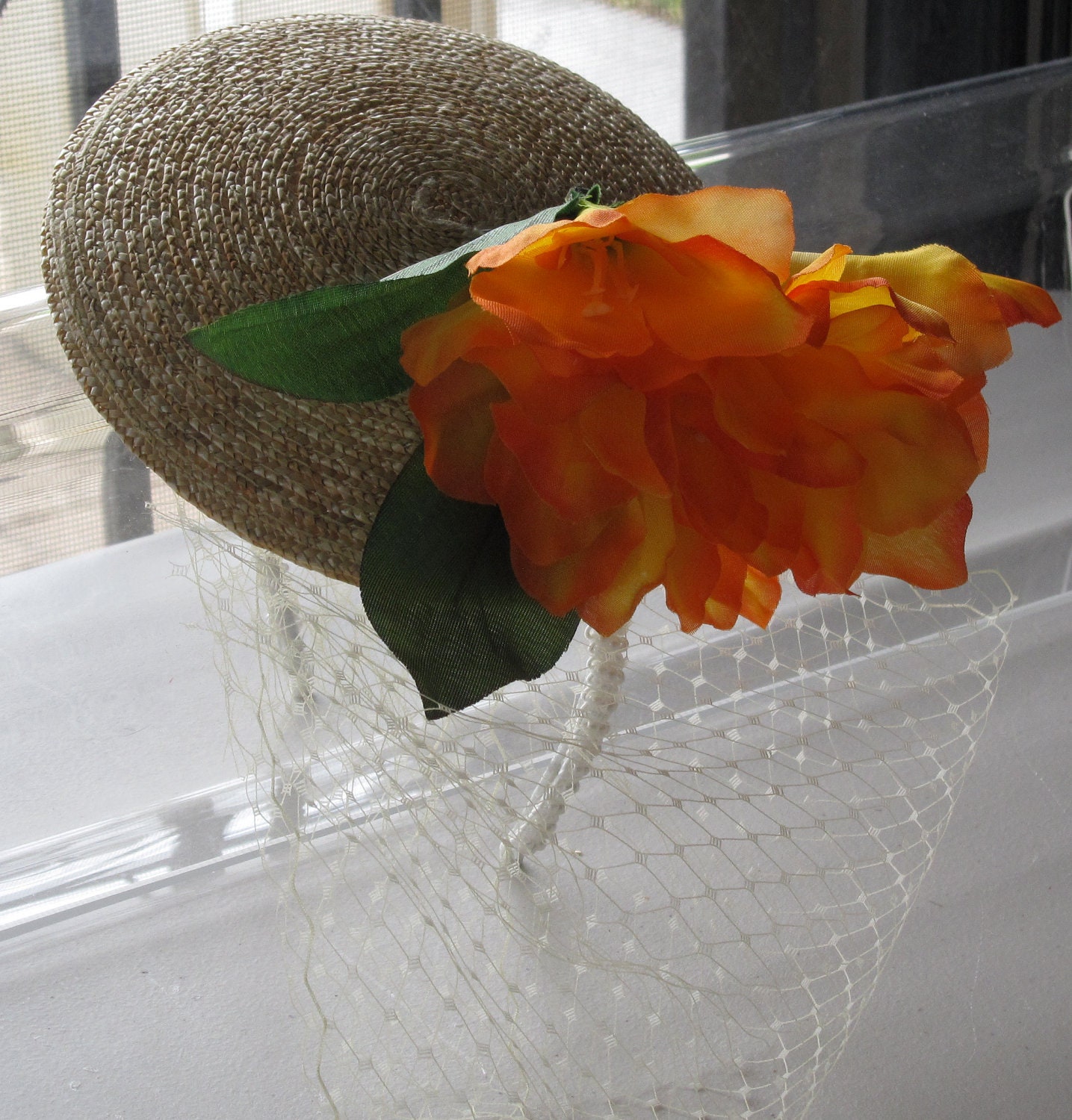 Coral Yellow Silk Flower Straw Fascinator Hat With Veil and  display picture 2
