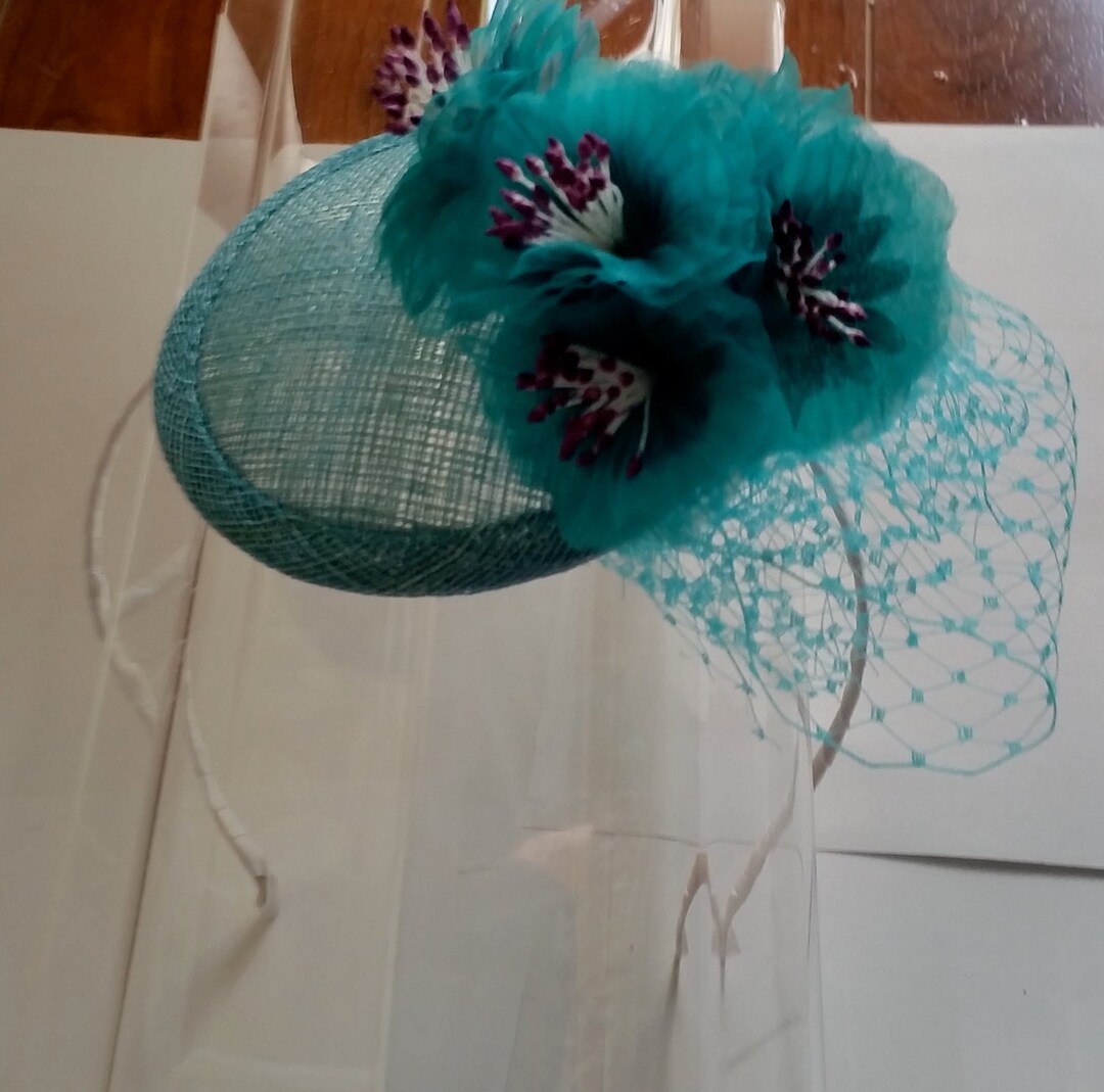Aqua Blue Sinamay Purple Beaded Tulle Flowers Fascinator Hat Etsy