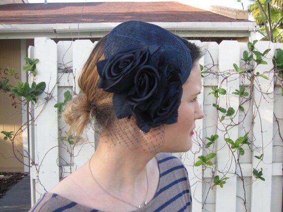 Handmade Navy Blue Sinamay Fascinator Hat With Floral Design & Bead Centerpiece Royal Blue Floral Fascinator: Derby Race, Bridal, Church Hat  main image 3