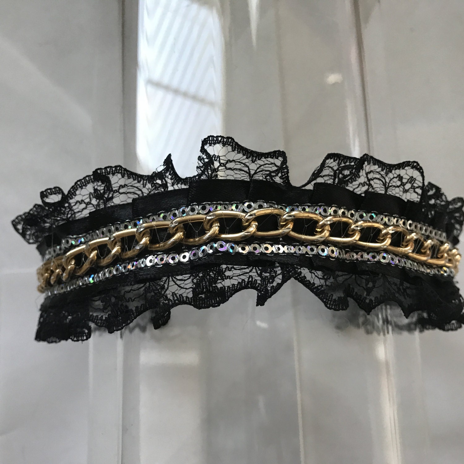Black Lace Gold Chain Trim Headband, for Weddings, Parties 