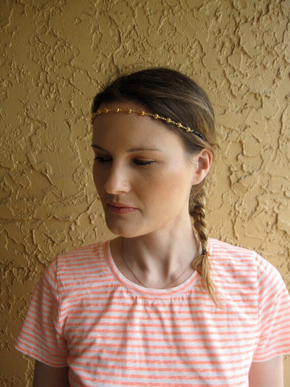 Gold Ball Chain Black Crystal Beaded Halo Headband, for 