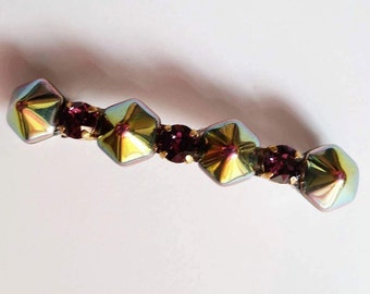 Iridescent Green Hexagon Purple Swarovski Crystal French Barrette, for weddings, parties, evening, special occasions